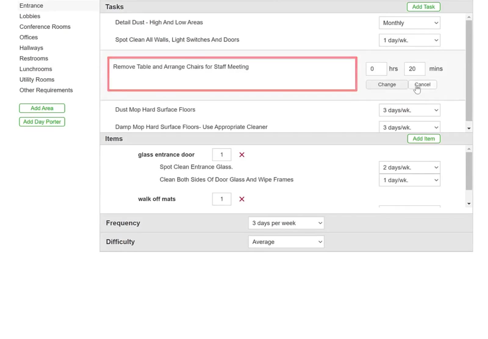 Clicking a custom task opens its description and Time fields, with Change and Cancel buttons below.