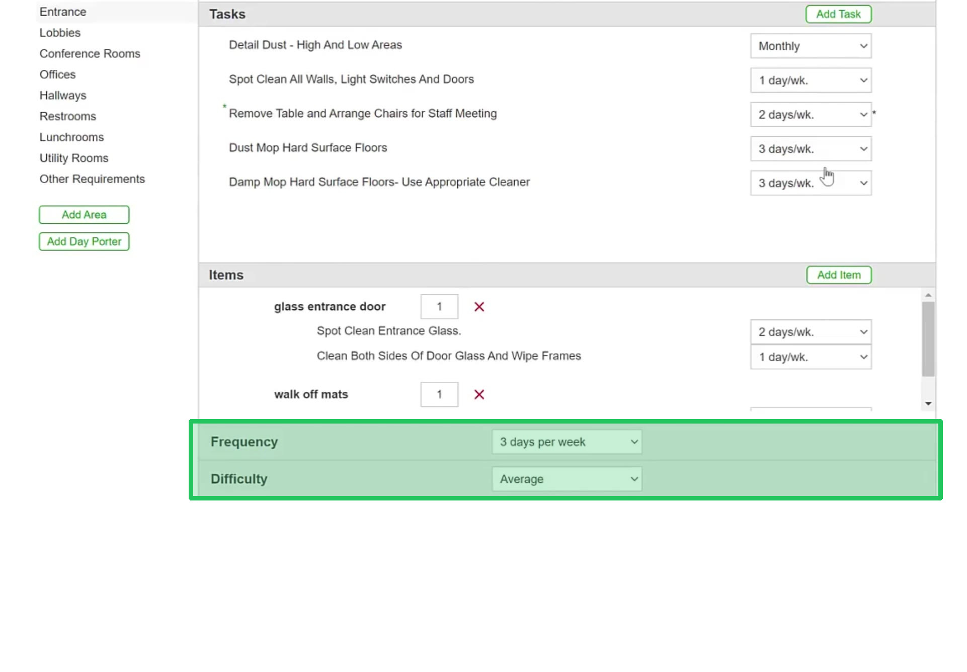 The Frequency and Difficulty dropdowns sit at the bottom of the area screen and apply to the whole area.