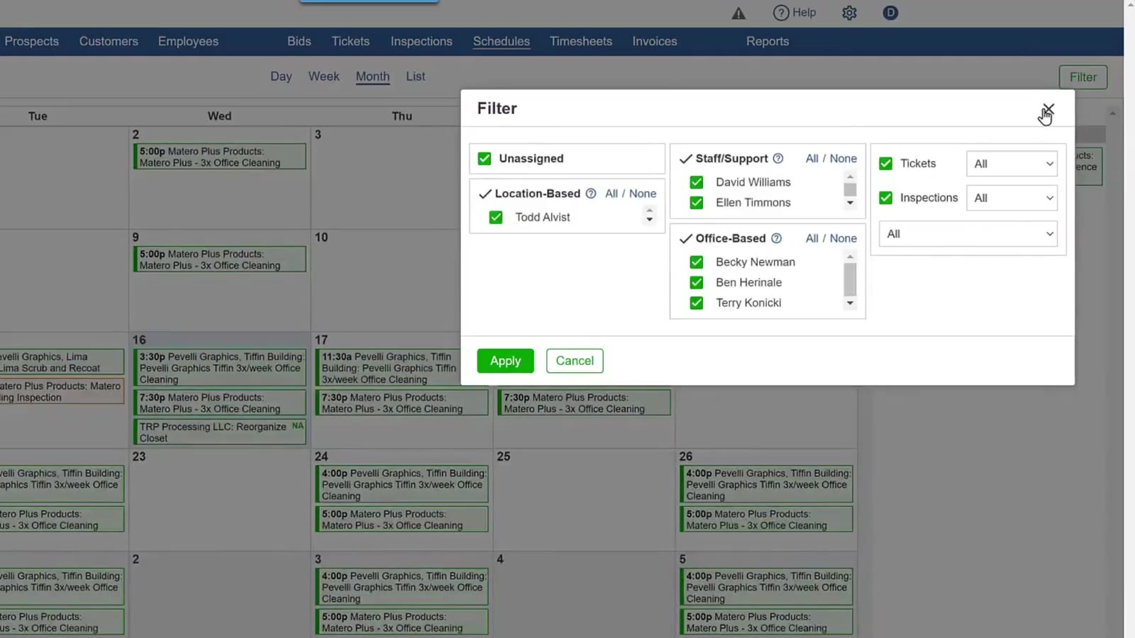 The Filter dialog. Unassigned covers work with nobody assigned to it; the three groups are employee types.