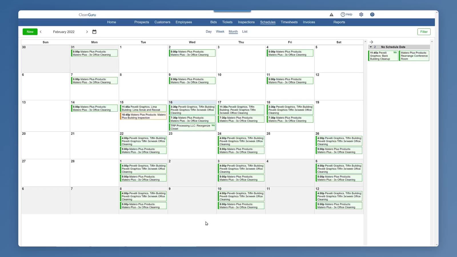 A month of tickets and inspections, with the No Schedule Date panel down the right.