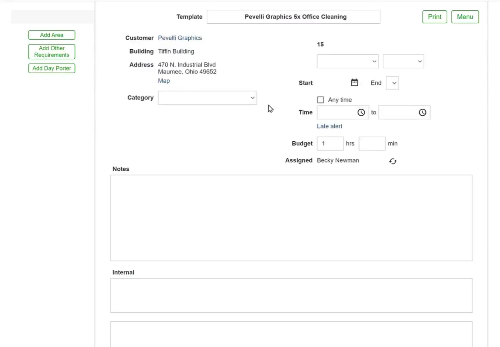 The Assigned row on the ticket template determines whose PIN check-ins can be matched to this job.