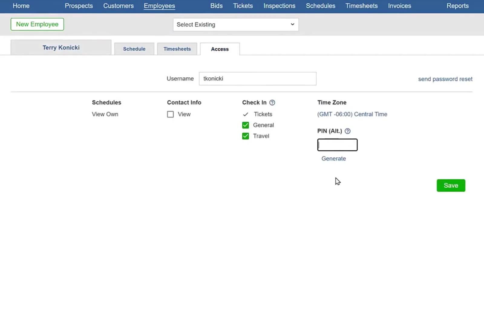 Generate a four-digit PIN on the employee's Access tab, or type one in yourself.
