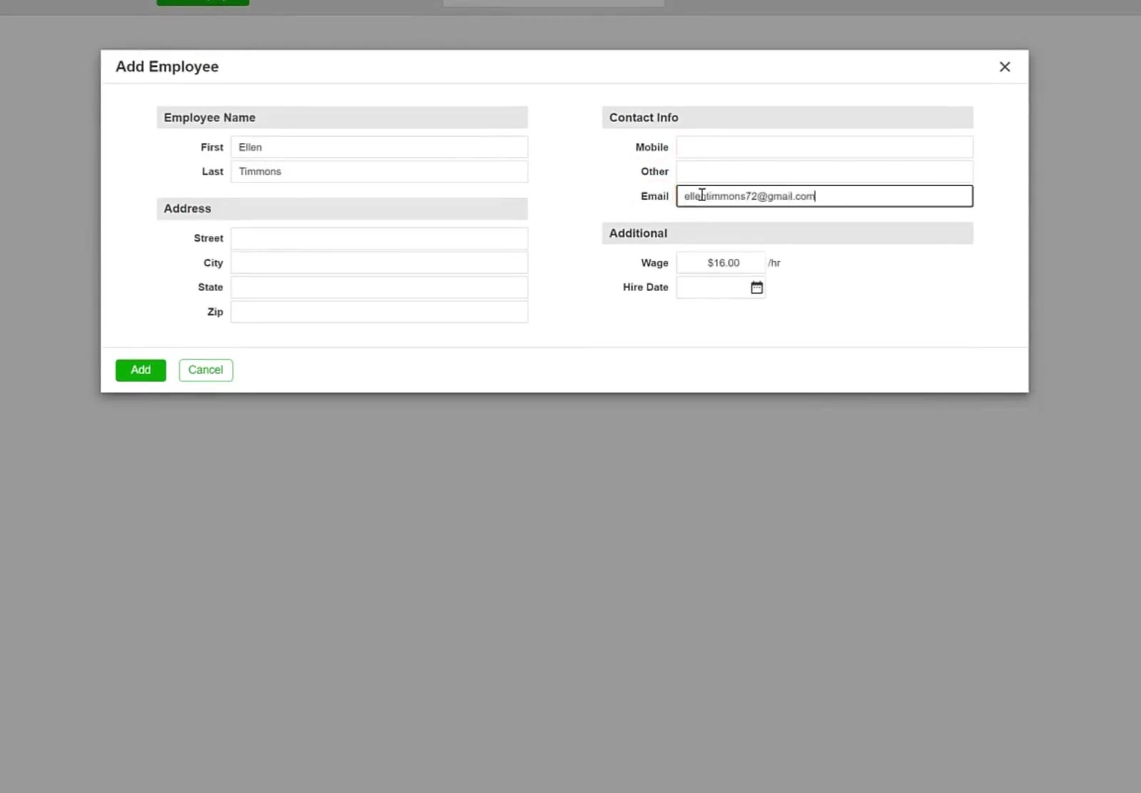 The Add Employee window takes the name, the contact details and the wage.