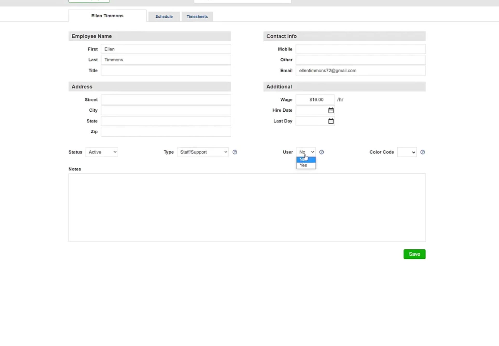 The User dropdown open on the employee's profile, with Type already set to Staff/Support.