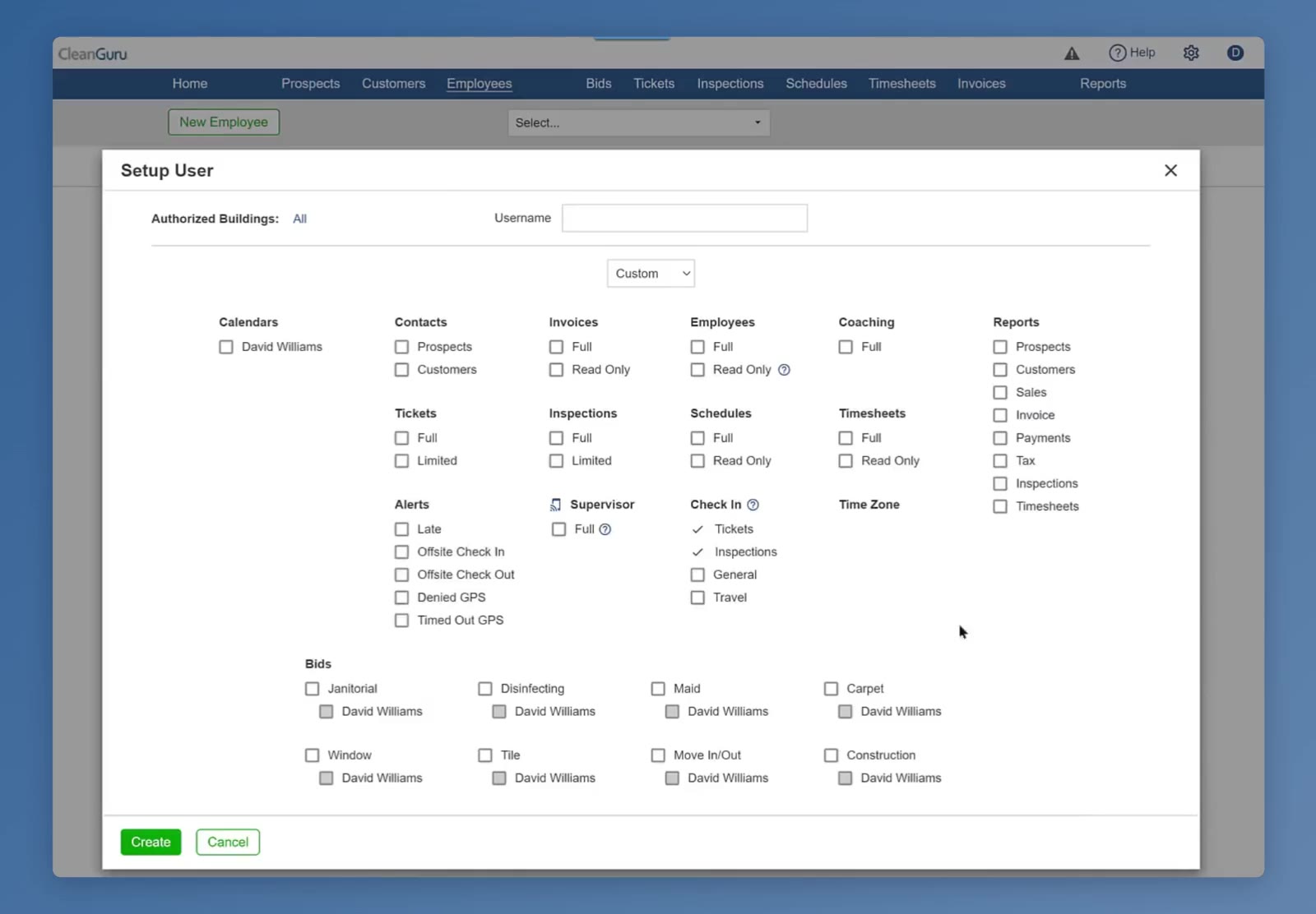 The Setup User window: Authorized Buildings and Username at the top, then the permission grid.