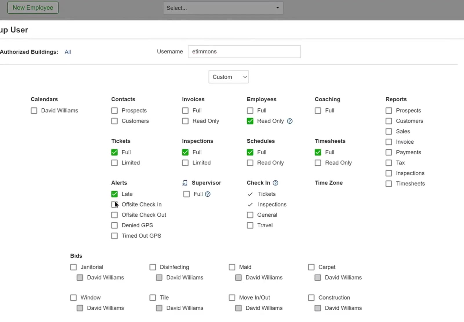 Tick only what this person needs. Supervisor has its own Full checkbox below Alerts.
