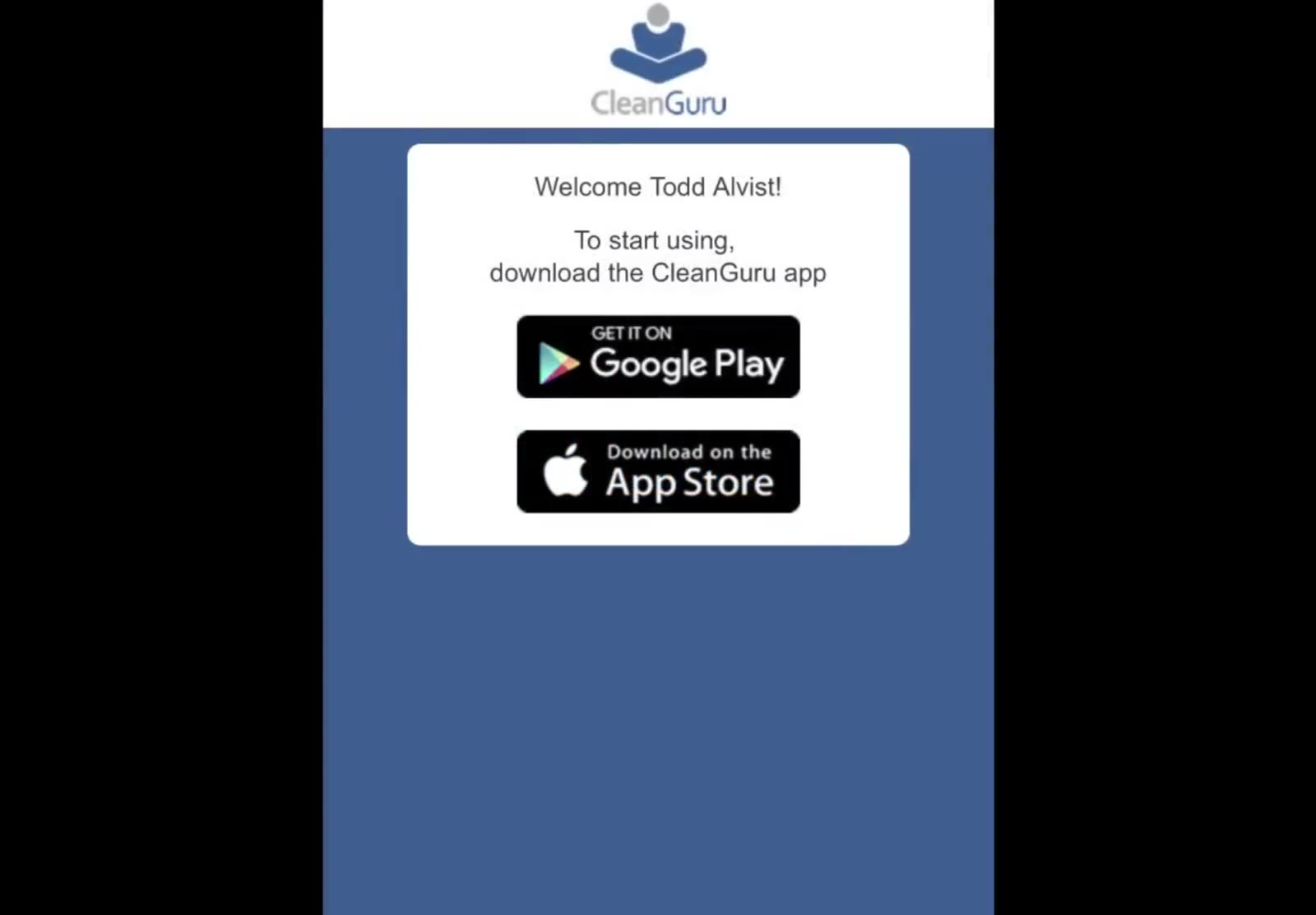 The welcome page links to the CleanGuru app on Google Play and the App Store.