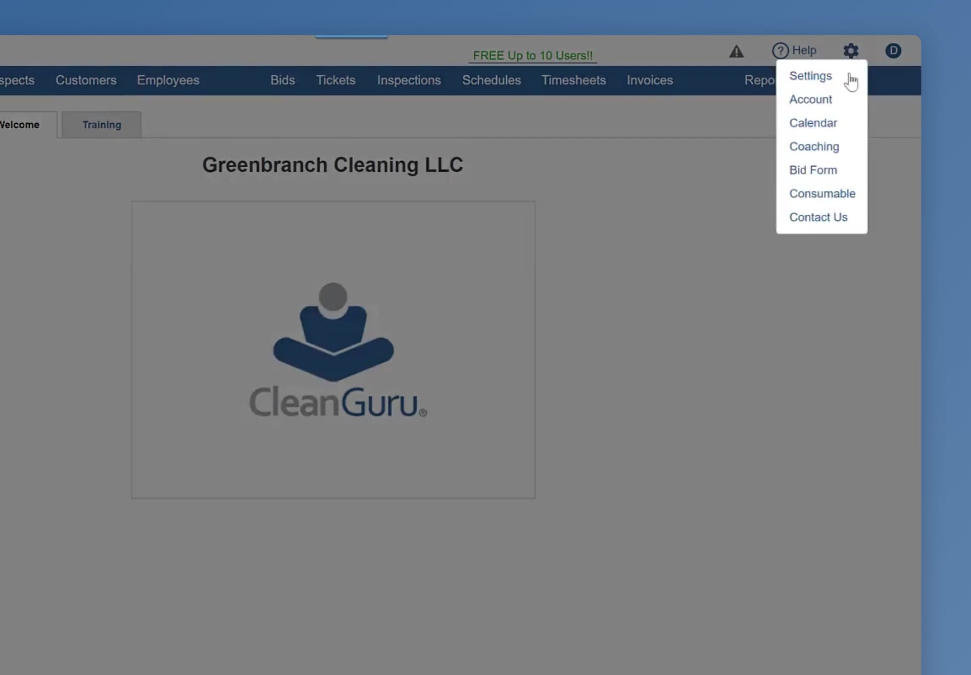 The gear menu at the top right of the CleanGuru header, with Settings at the top of the list.