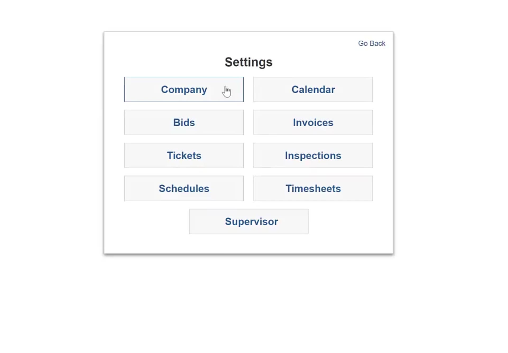 The Settings panel lists Company alongside the other settings areas.