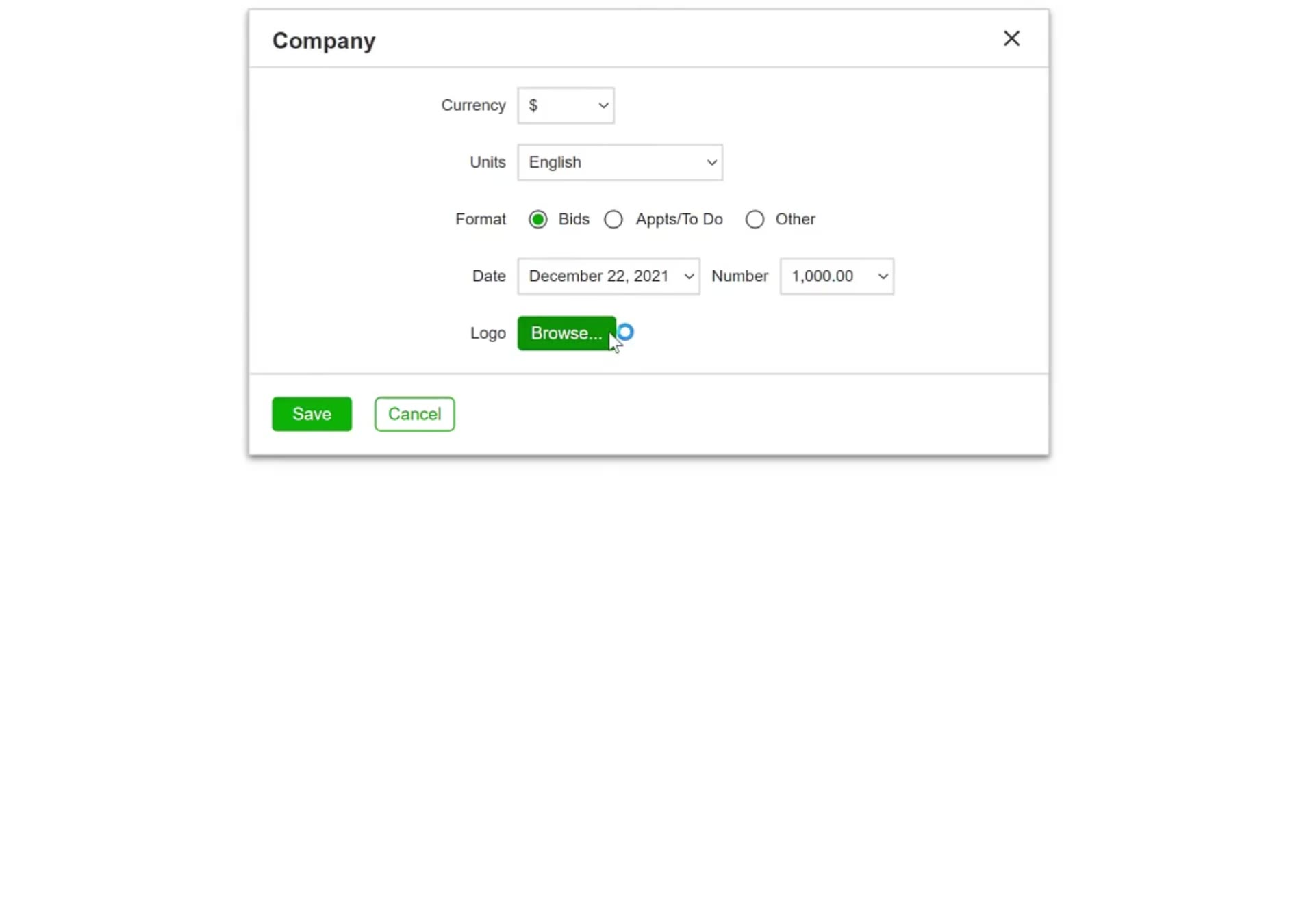 The Logo row and its green Browse... button sit at the bottom of the Company dialog.