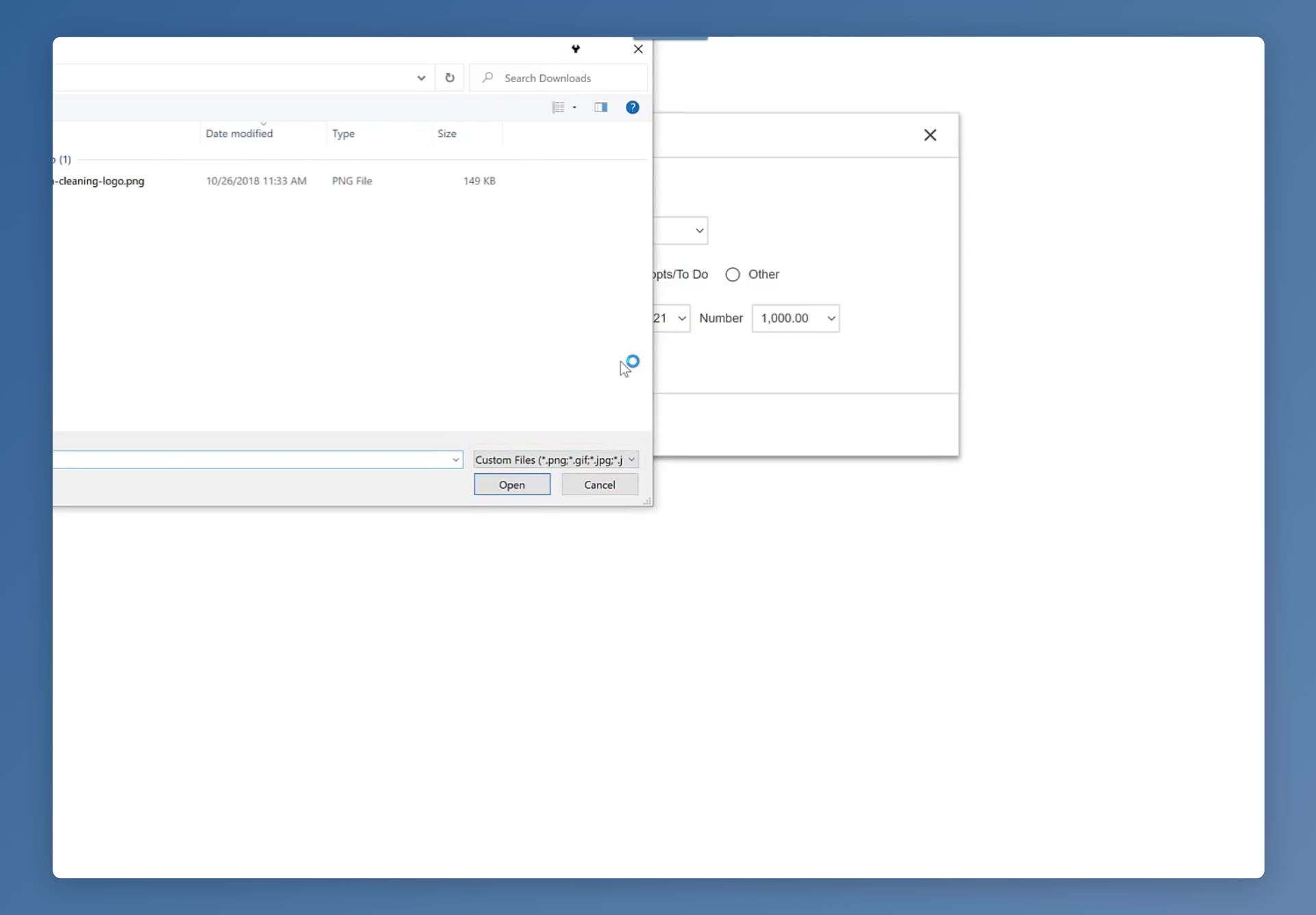 The file picker is filtered to Custom Files (*.png; *.gif; *.jpg) — the logo formats CleanGuru accepts.