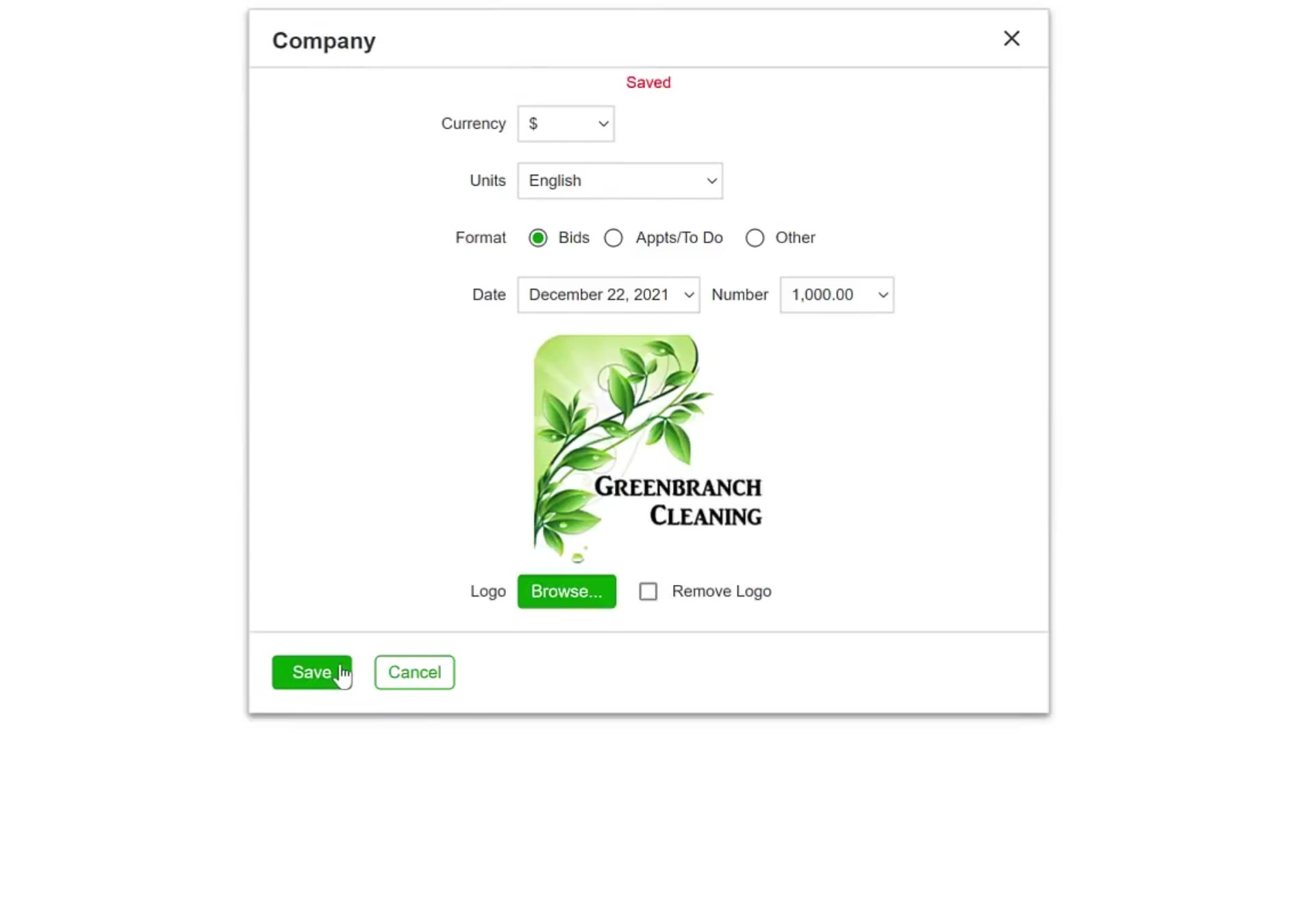 Click Save to finalize your logo upload; a 'Saved' confirmation will appear at the top of the dialog.