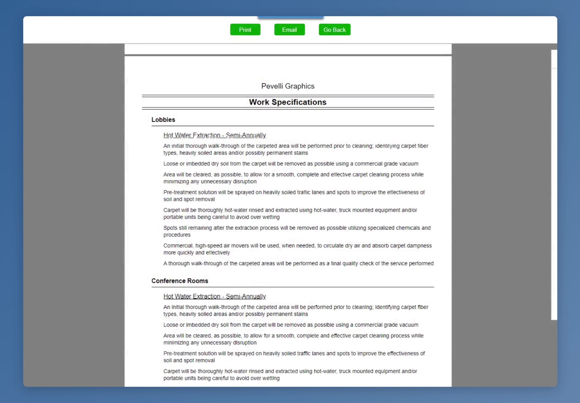 The Work Specifications page in the preview, broken down by area.