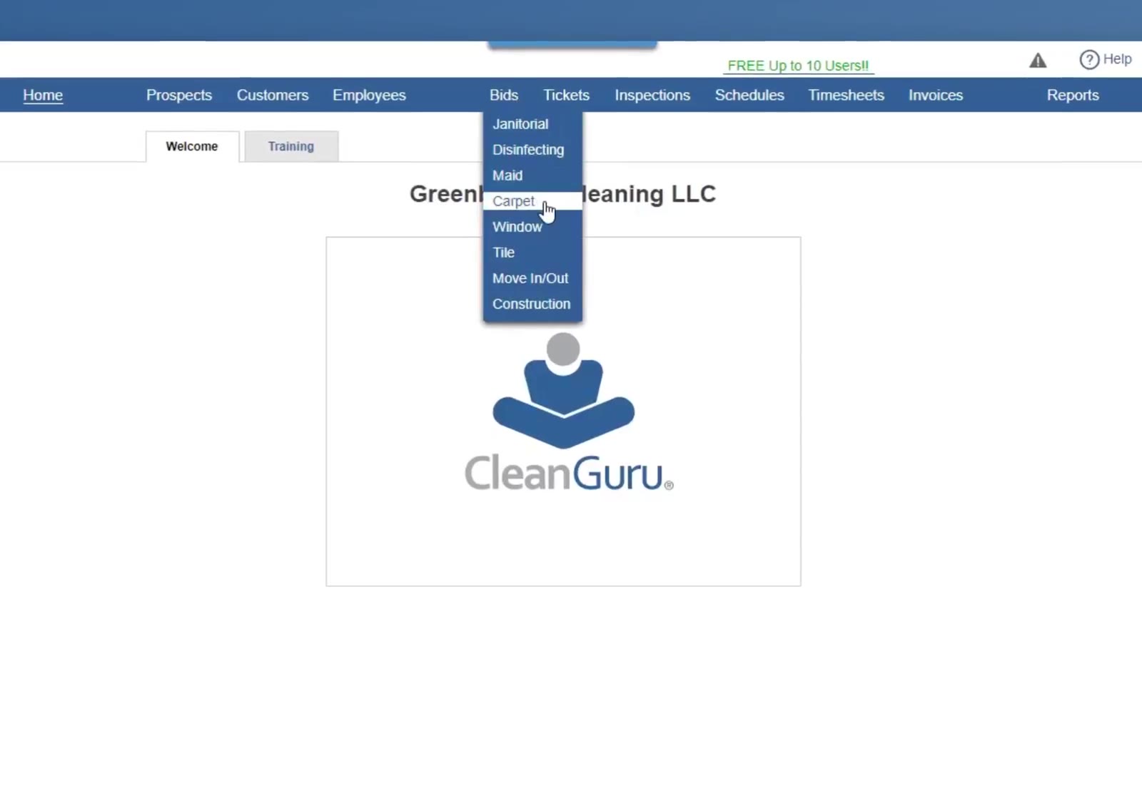 The Bids menu open on the navigation bar, listing all eight bid modules.