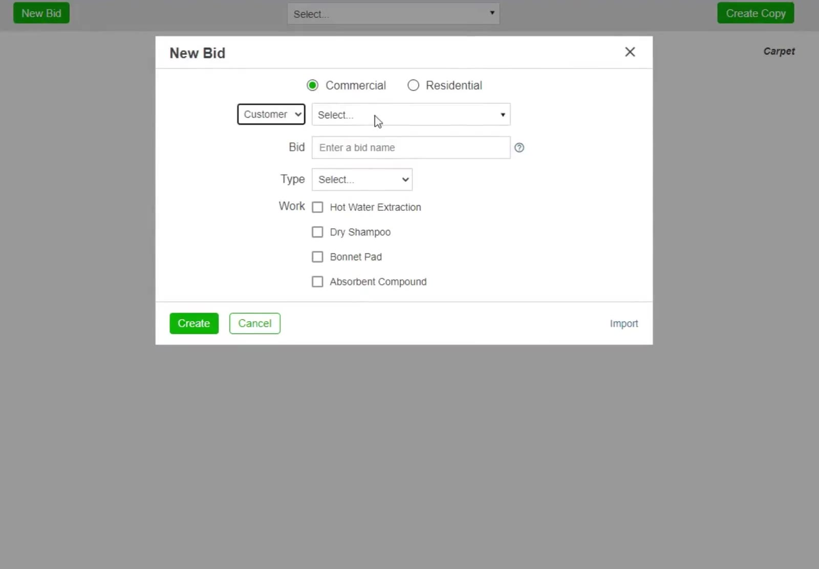 The New Bid box for a carpet bid — Commercial or Residential at the top, the customer beneath, and the Work methods below that.