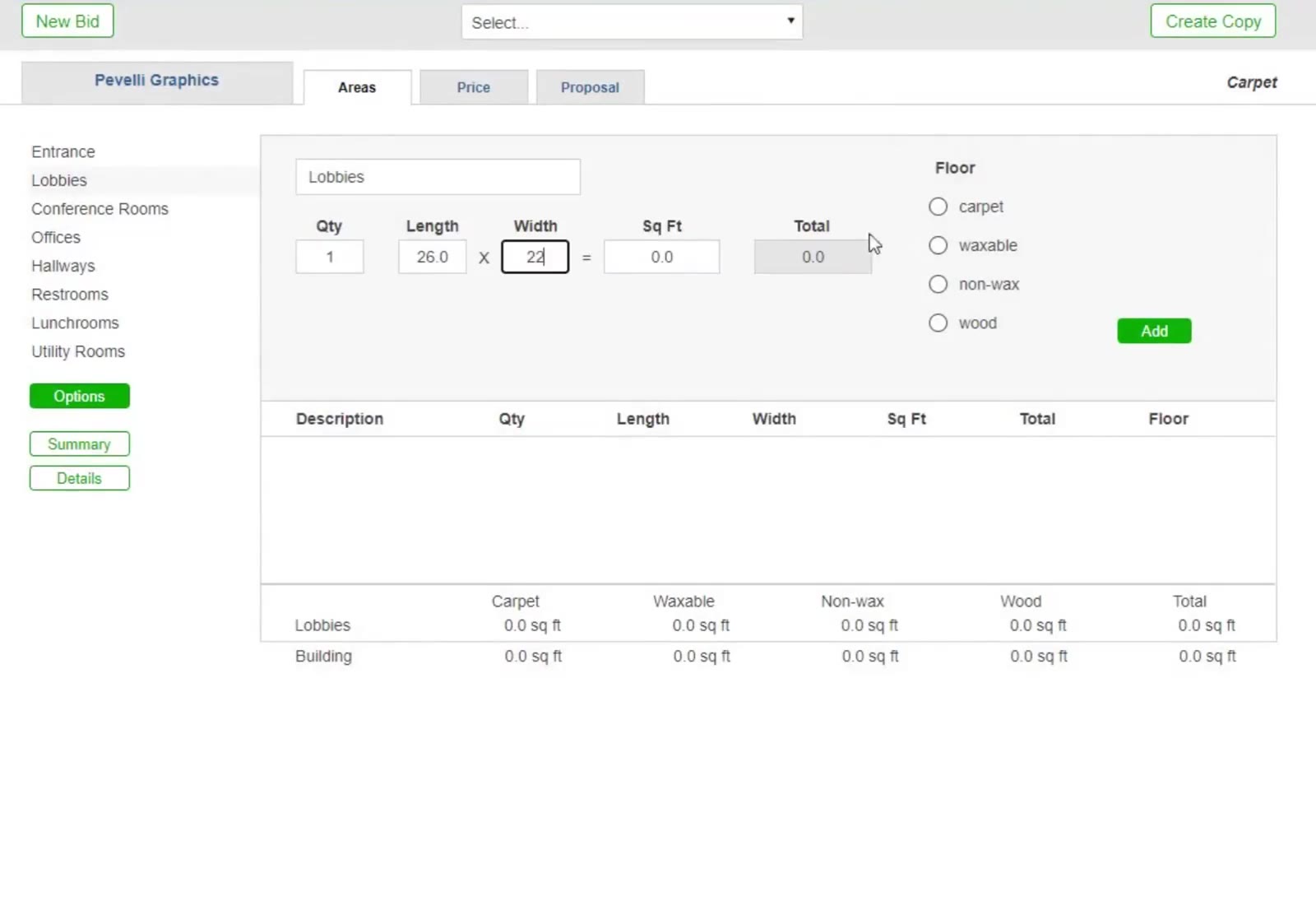 The Manual measurement screen: Qty, Length and Width for one room, with Floor set to carpet.