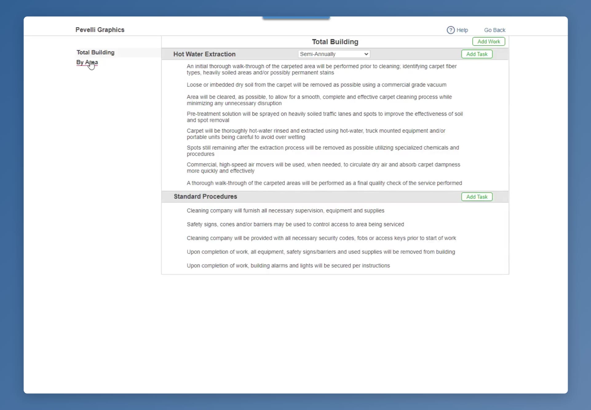 The tasks screen reached with Options, listing the work for each method you ticked.