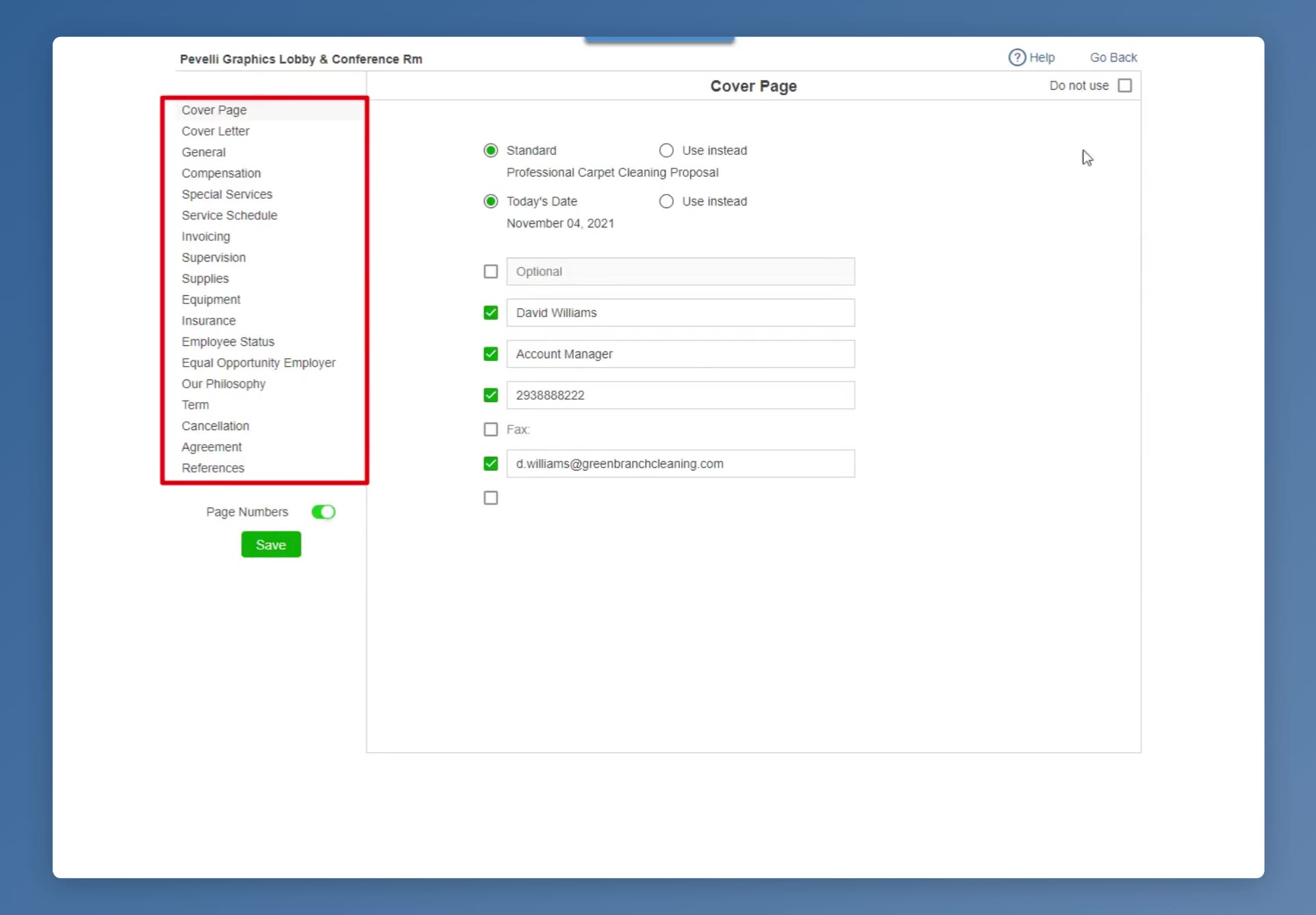 The proposal Options screen: the section list on the left, the selected section’s wording on the right, Do not use at its top right, and the Page Numbers toggle above Save.