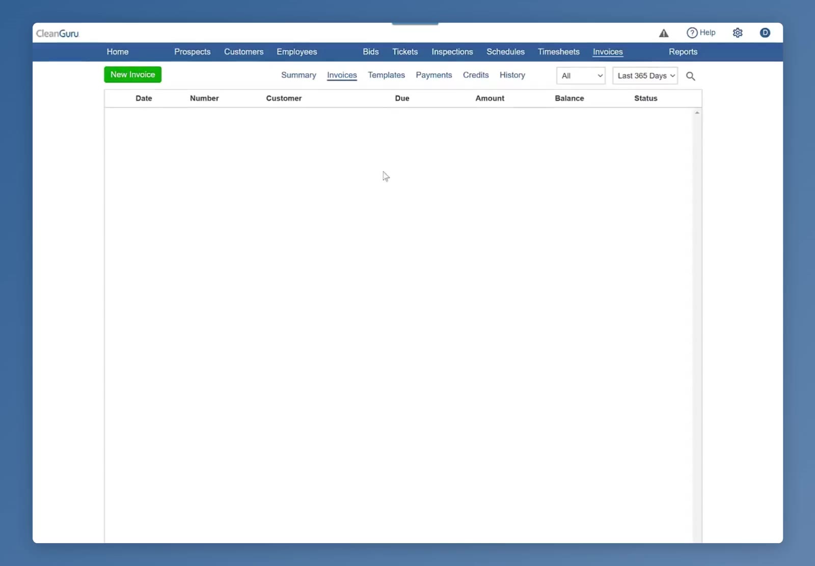 New Invoice sits above the invoice list on the Invoices tab.