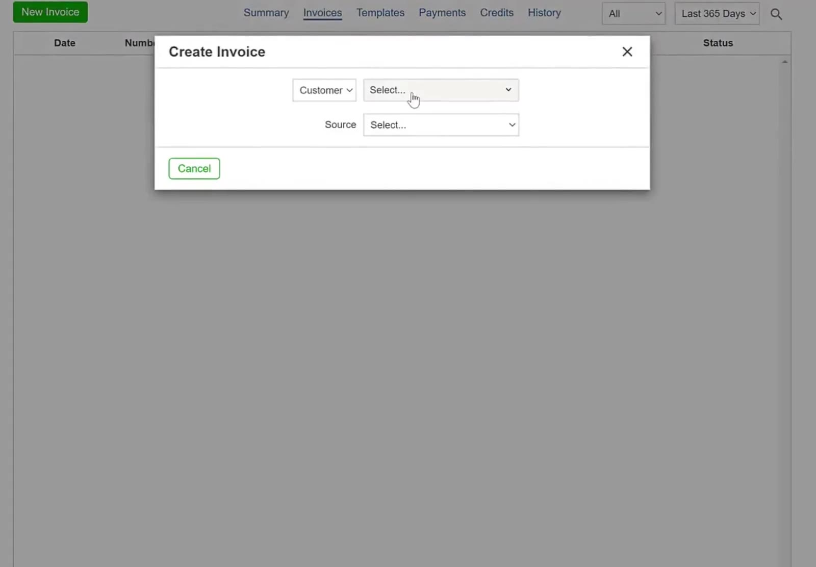 The Create Invoice box takes a Customer and a Source.