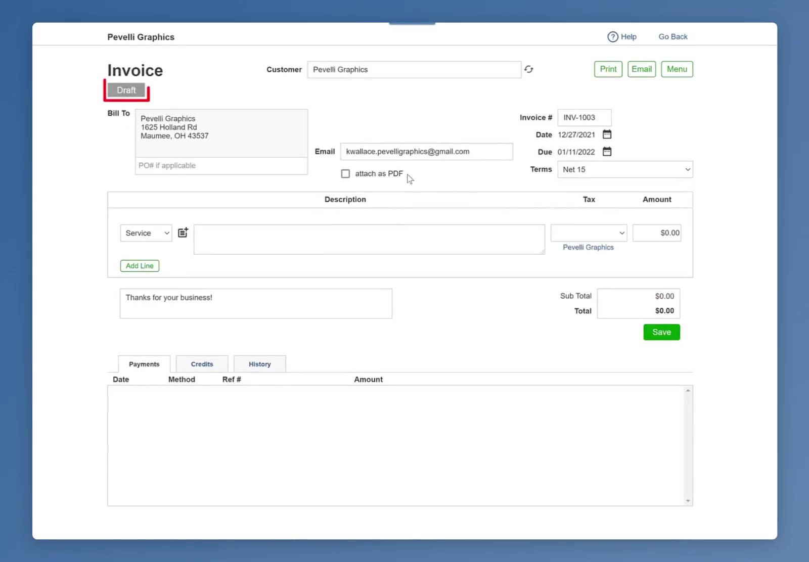 A new invoice starts as a Draft, with the customer's details already filled in.