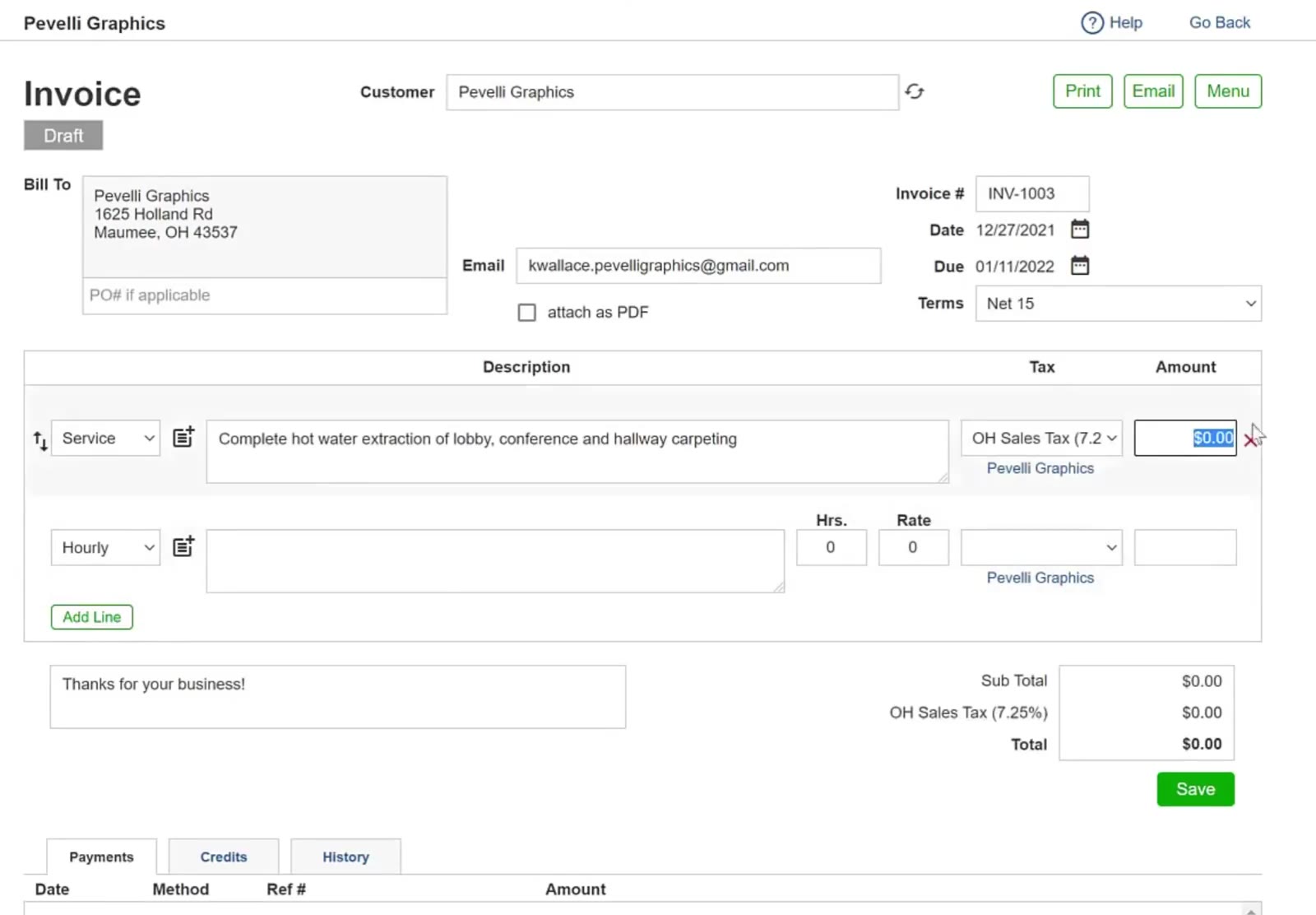 Picking a rate in the Tax column adds a tax line under the sub total.