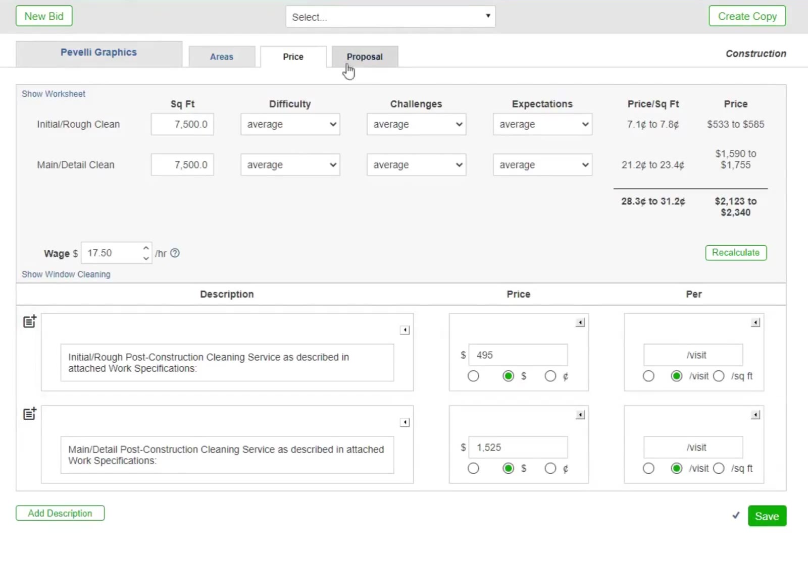 The Description, Price and Per table. Each description is written from the work type you chose, and the icon at its left opens CleanGuru’s standard descriptions.