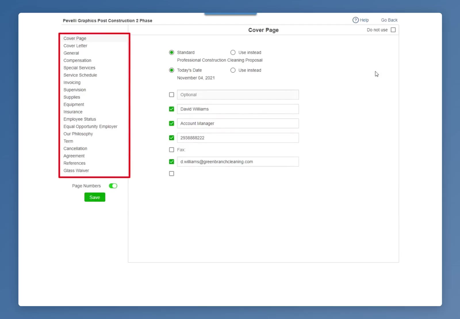 The proposal Options screen: the section list on the left, the selected section’s wording on the right, Do not use at its top right, and the Page Numbers toggle above Save.