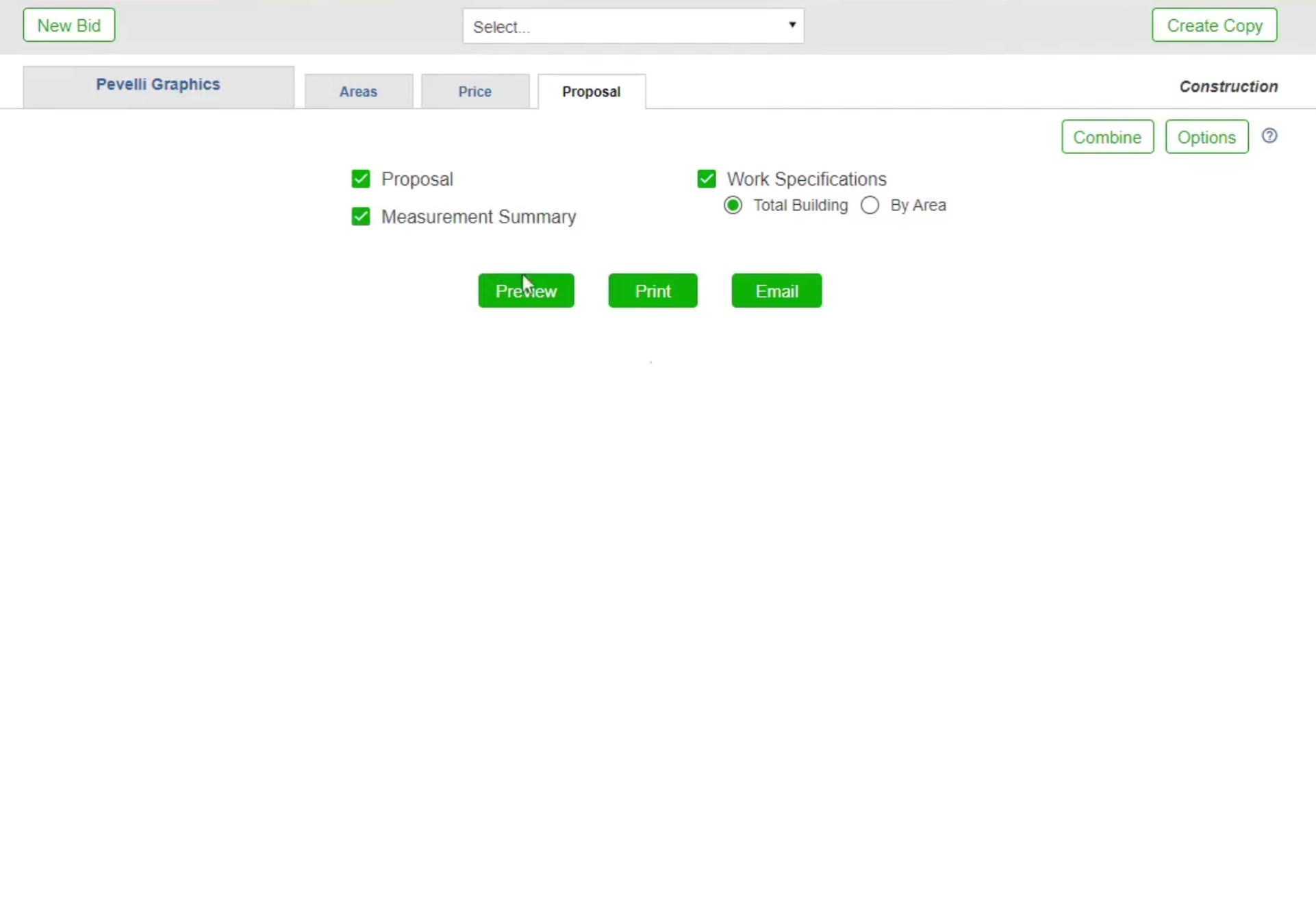 The Proposal tab: tick the documents you want, with Combine and Options at the top right.