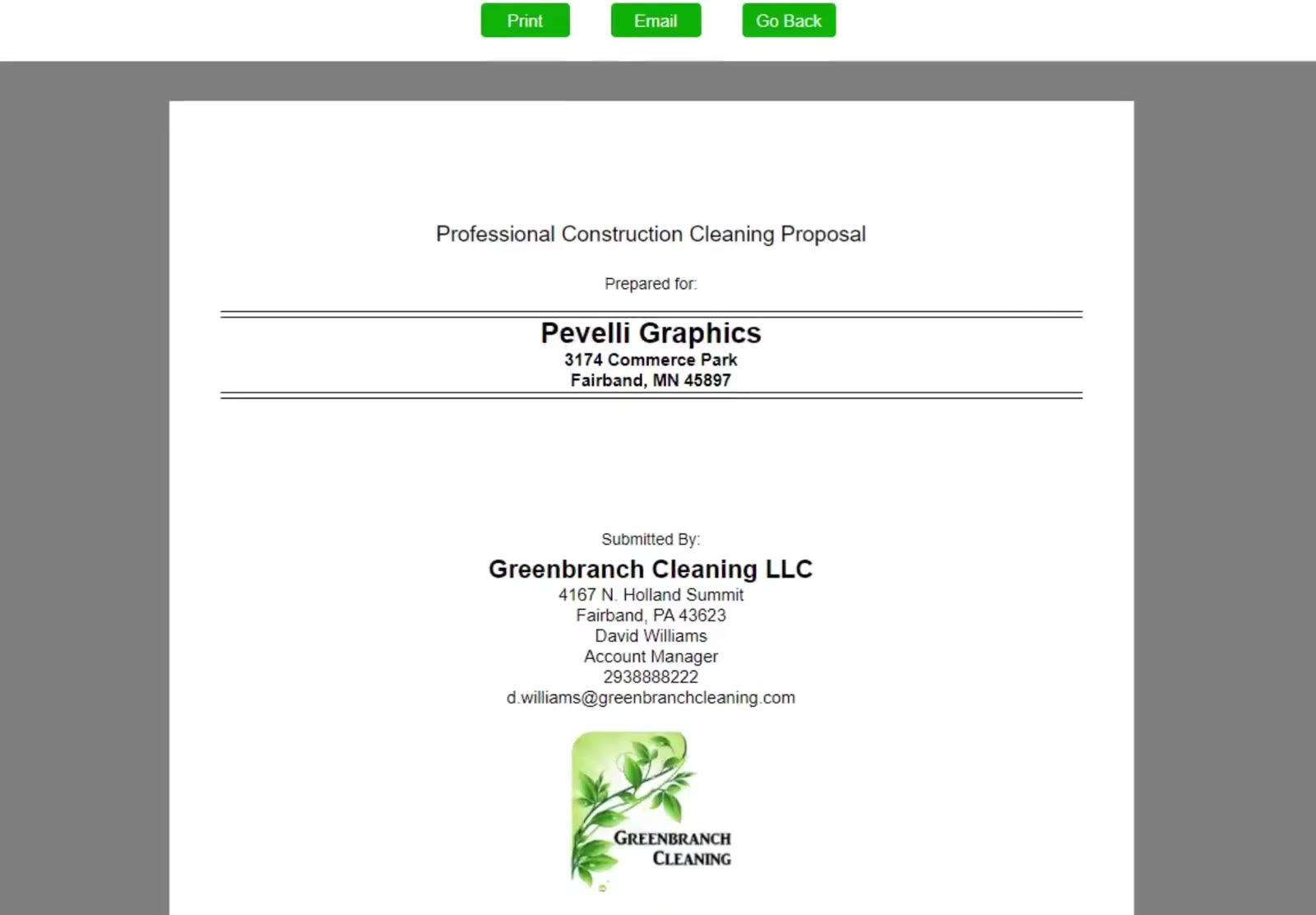The proposal opens on its cover page, carrying your company details and logo.