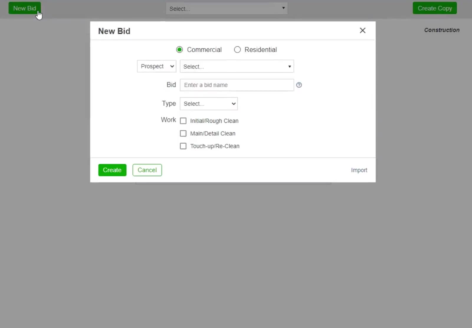 The New Bid dialog: Commercial or Residential, the prospect or customer, a bid name, the building Type, and the phases you are quoting under Work.