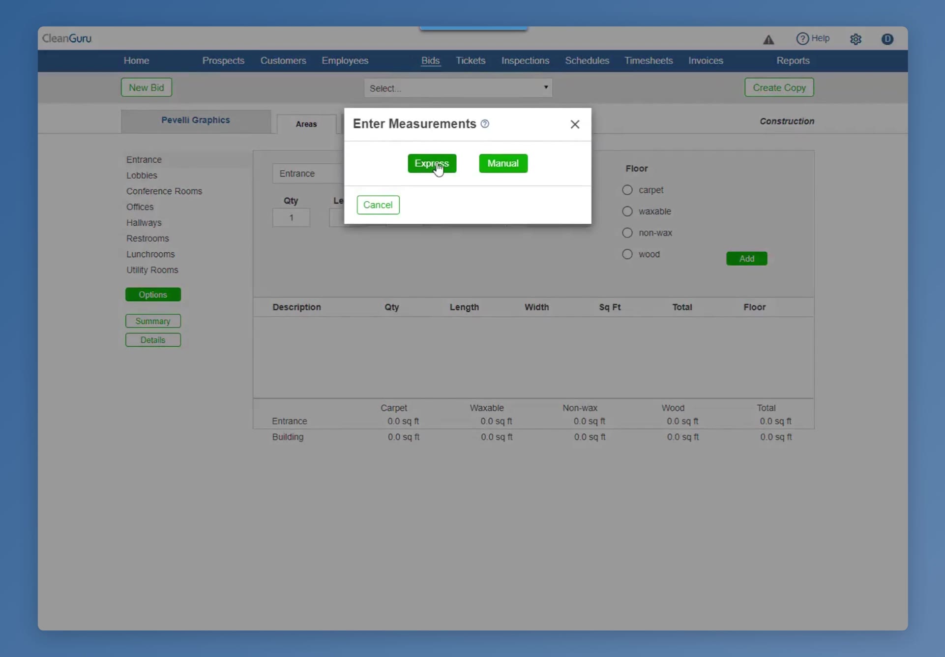 On the Areas tab, Enter Measurements offers Express, which estimates the areas from the building’s total cleanable square footage, and Manual, which lets you enter each area yourself.