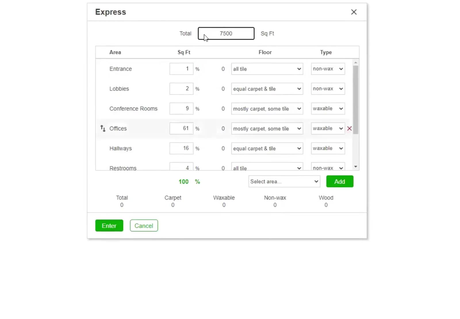 Express spreads the total square footage across the standard areas. Each Sq Ft figure is a percentage, and the running total turns green at 100%.