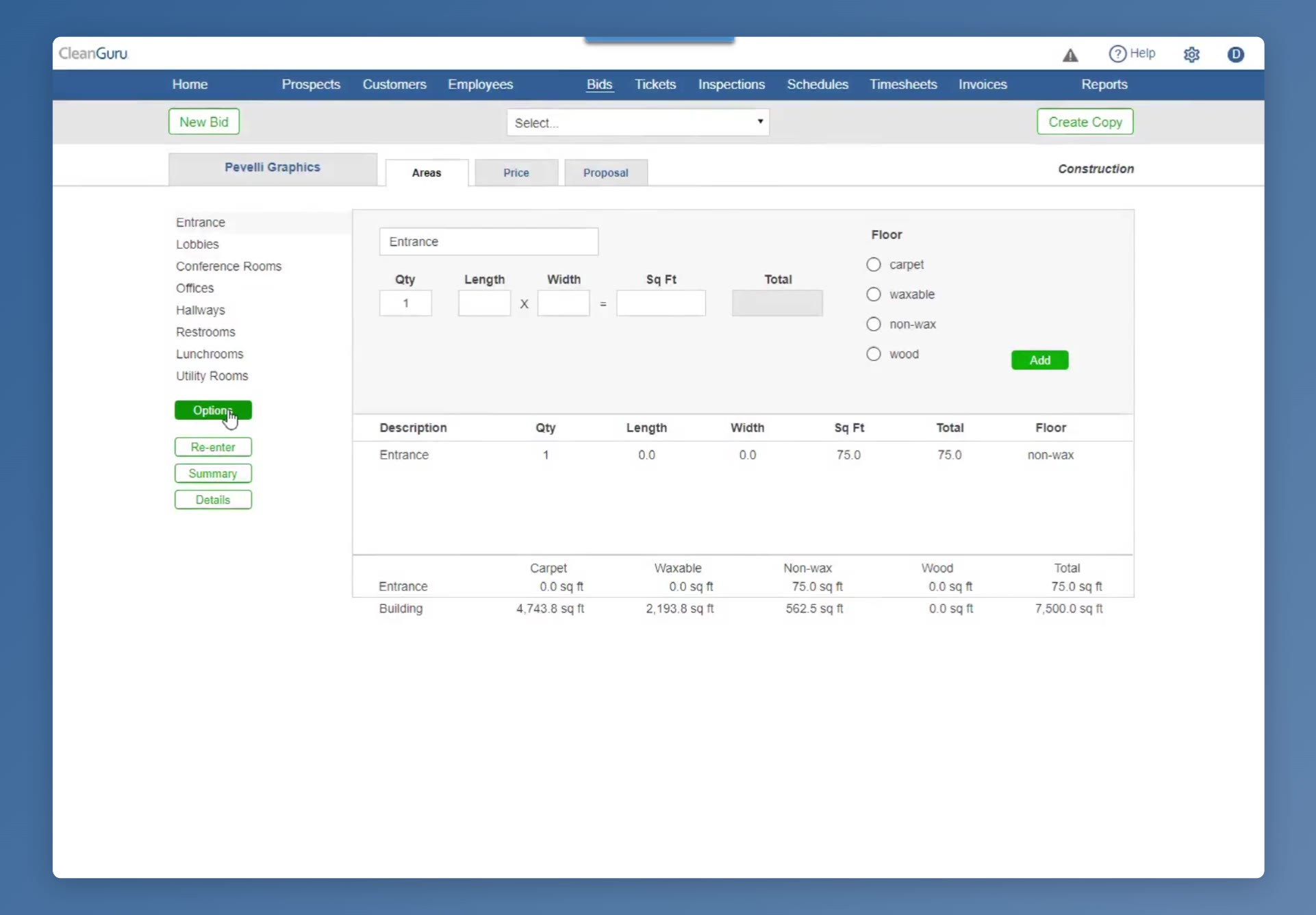 The Areas tab: the area list on the left, with the green Options button just below it.