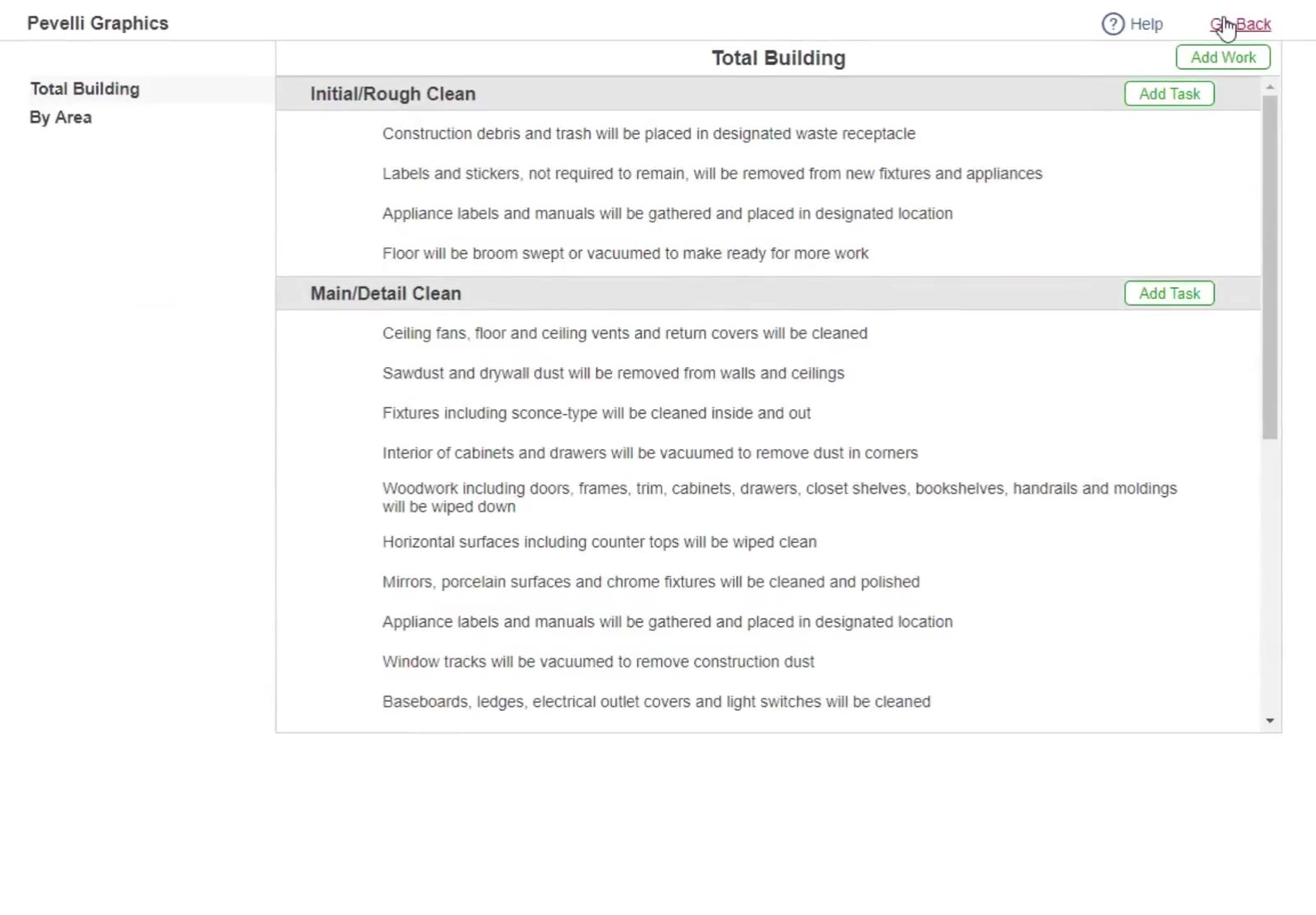 The work specifications. Each phase has its own task list, with Add Task to add to it and Add Work to add a phase.