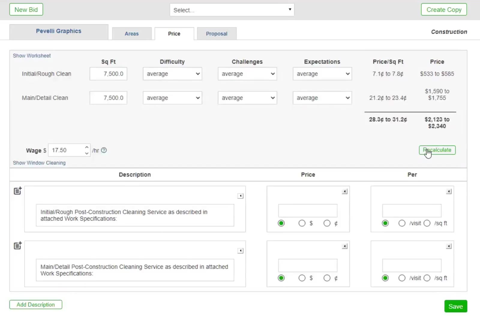 On the Price tab, wage and the three job-condition dropdowns drive the recommended price range for each phase.