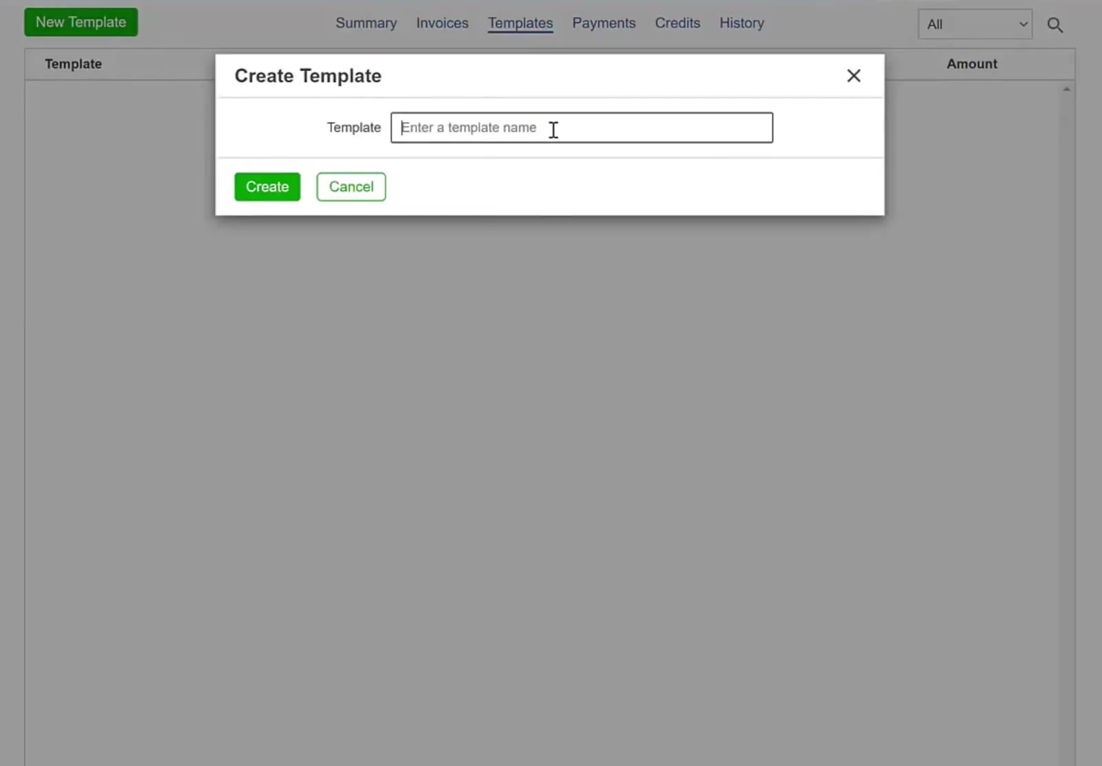 The Template box takes a name, with Create underneath.