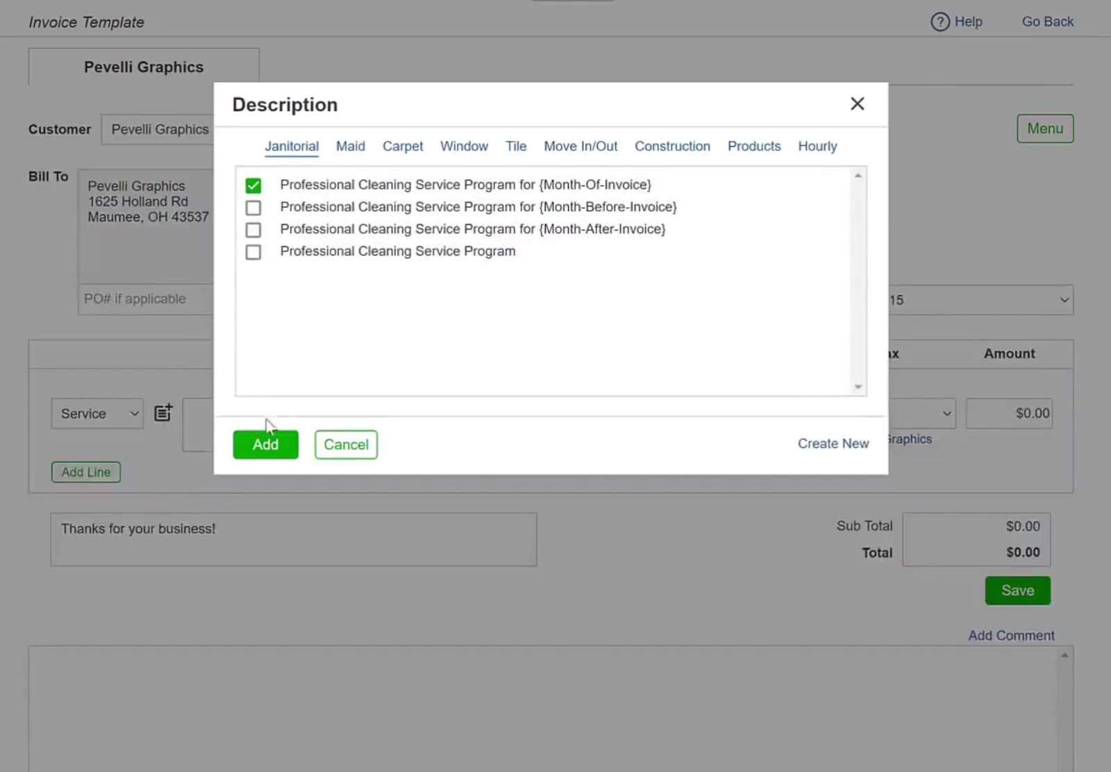 The Description box sorts ready-made wording by kind of work, with Add and Create New at the bottom.