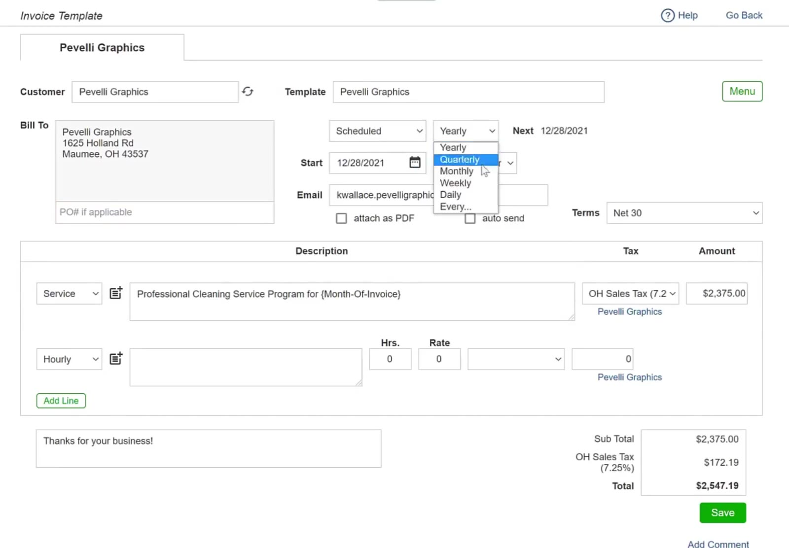 Setting the template to Scheduled reveals the frequency, Start, End and Next.