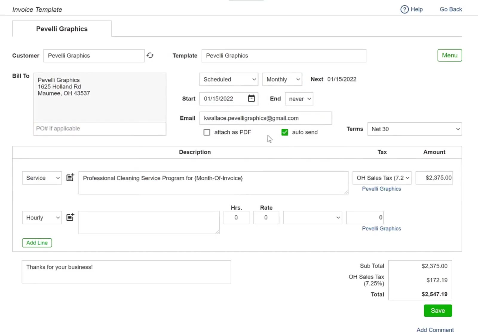 auto send sits beside attach as PDF, above the description lines.