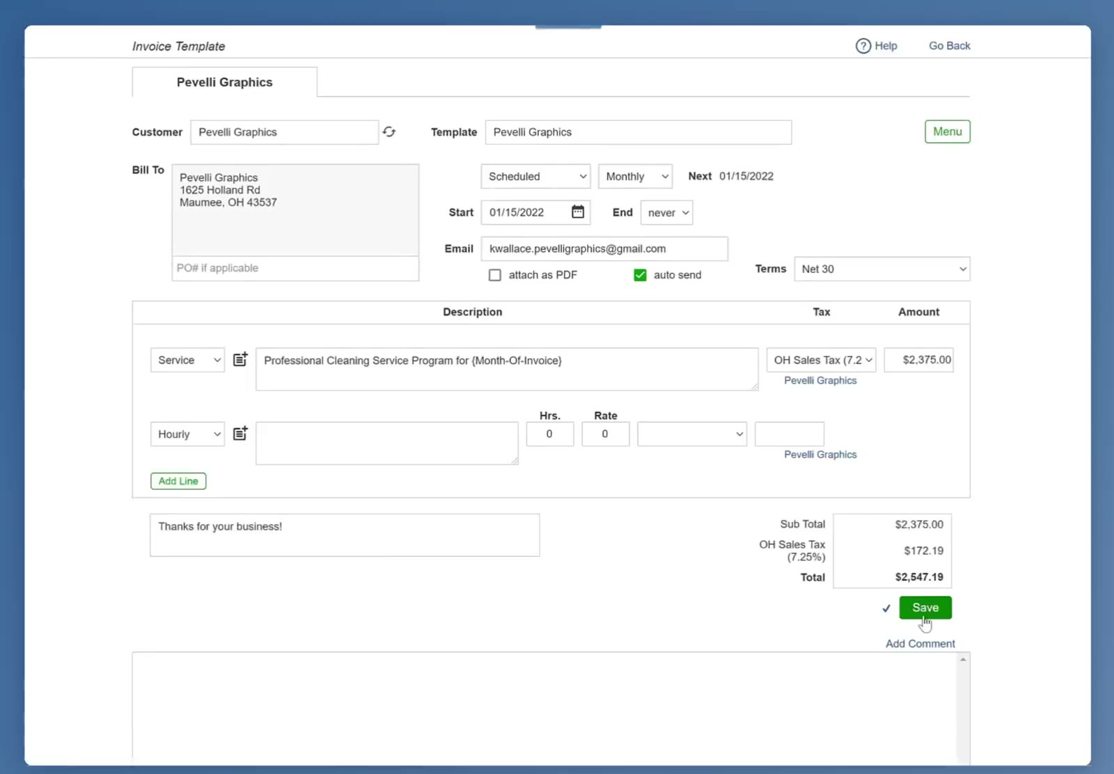 The saved template shows the schedule, the next invoice date and auto send ticked.