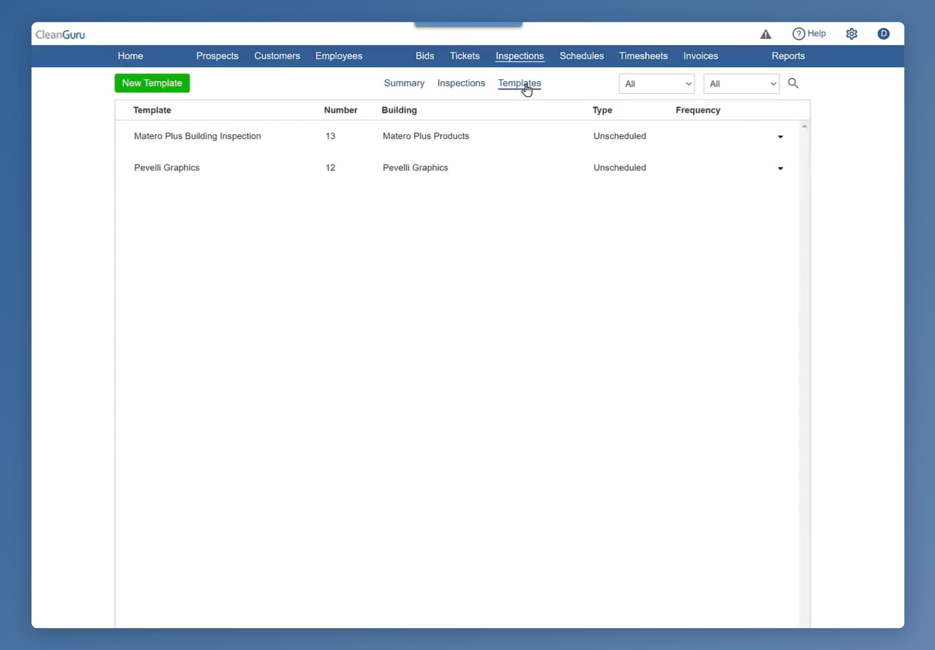 The Templates tab lists each template with its number, building, type and frequency.