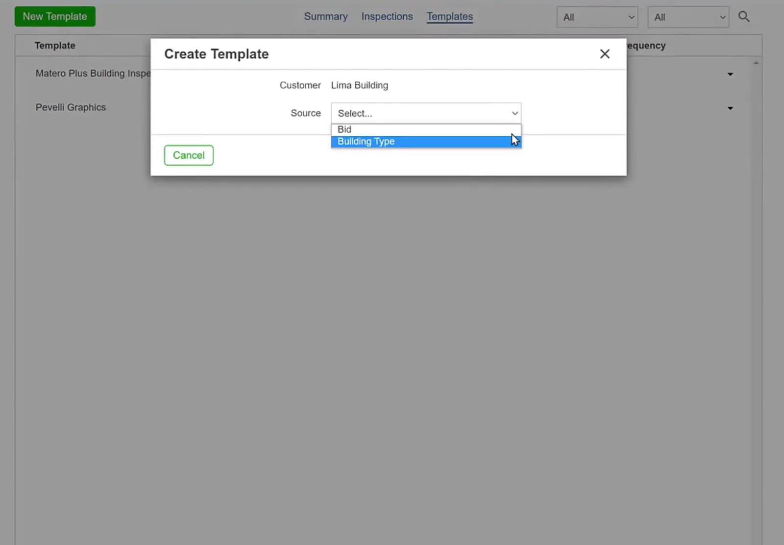 The Source dropdown offers Bid or Building Type.