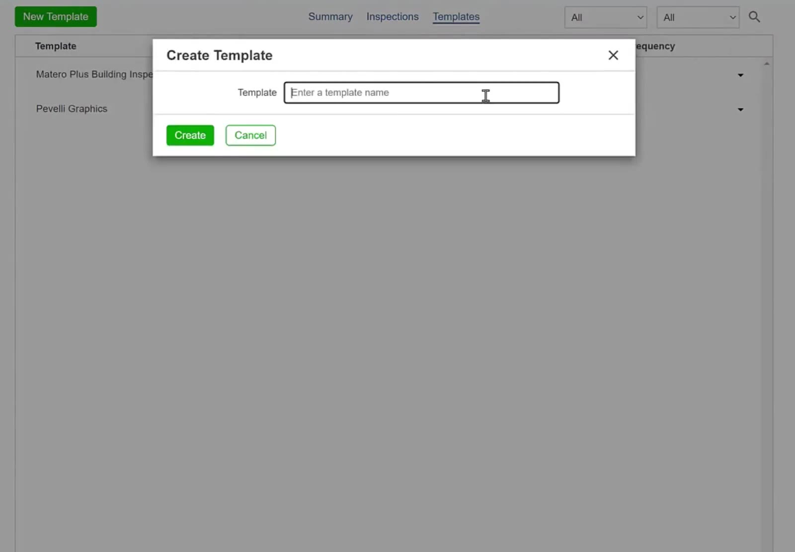 The Create Template box asks for a template name, with Create and Cancel below it.