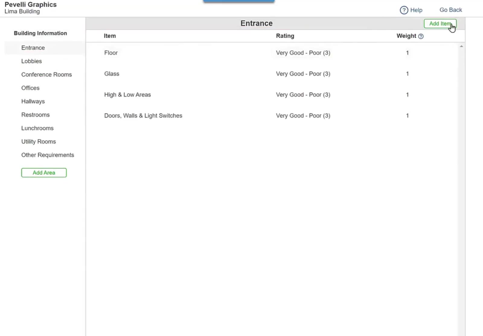 The Entrance area lists its items with a Rating and a Weight, and Add Item sits above the list.