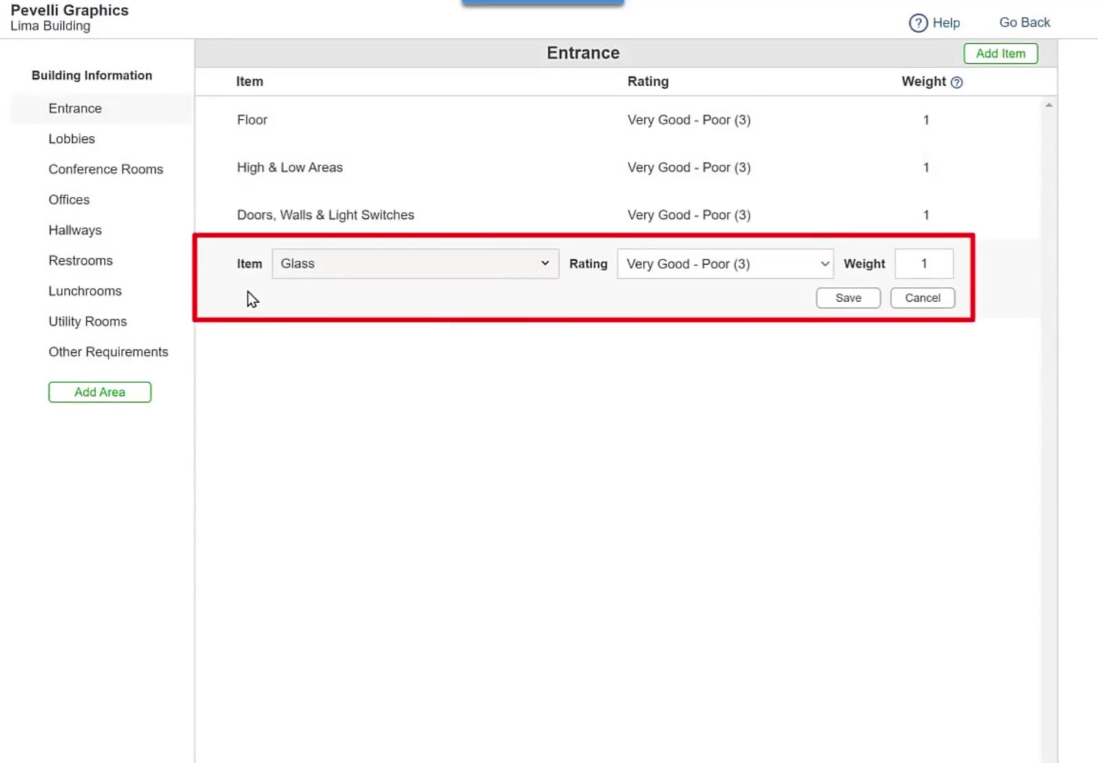 Opening an item shows the Item, Rating and Weight boxes with Save and Cancel.
