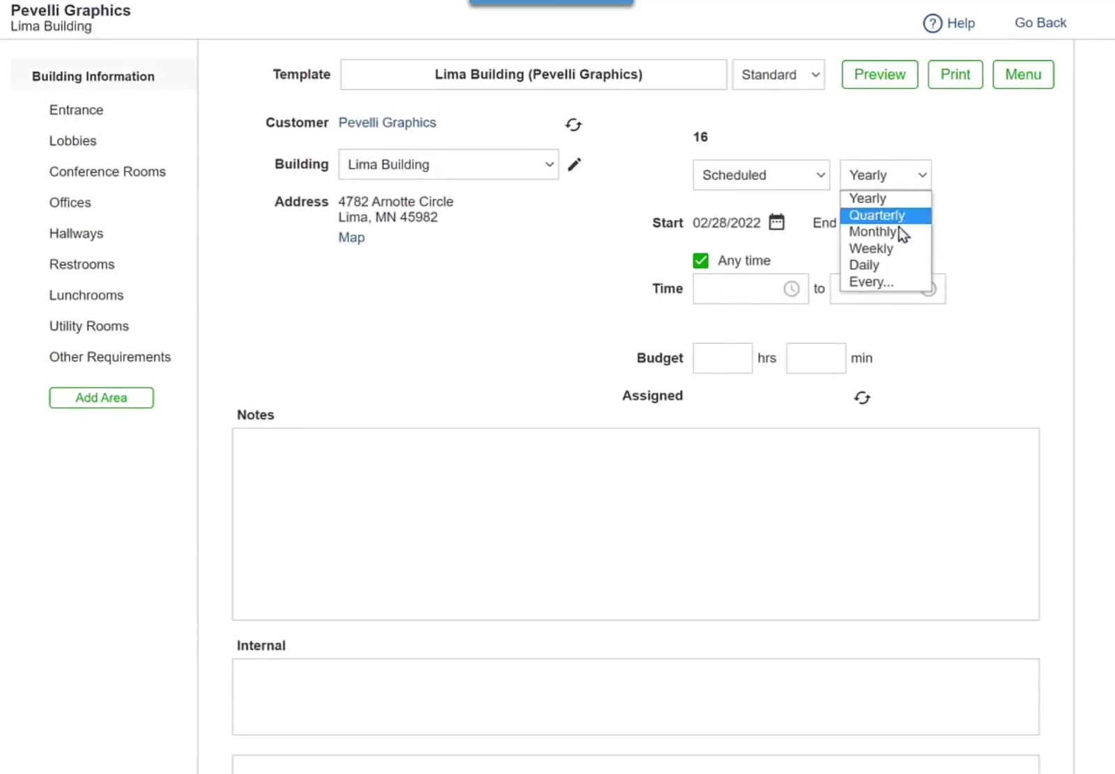 Once the template is set to Scheduled, the frequency, Start and End boxes appear beside it.