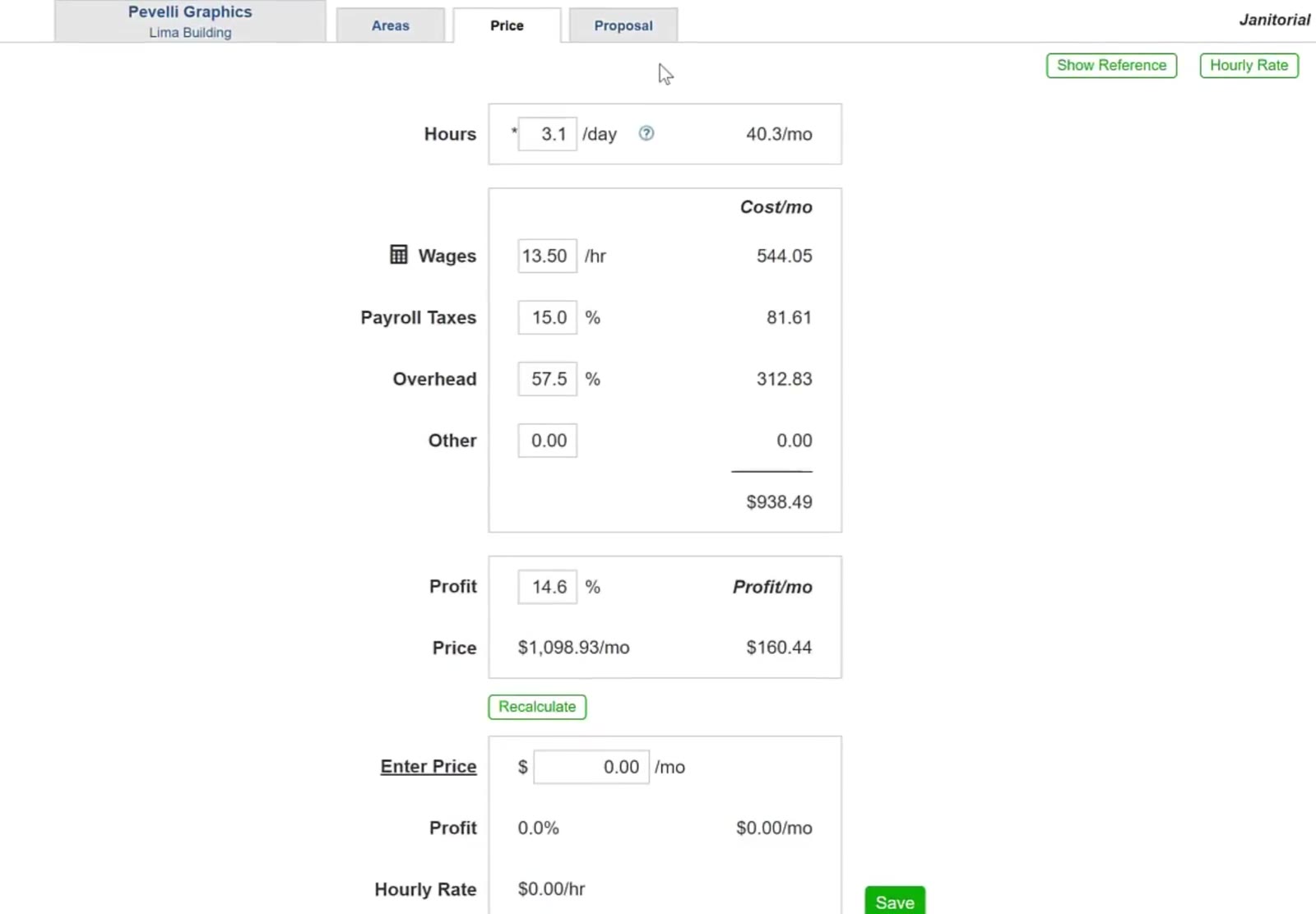 The worksheet arrives complete: hours, wages, taxes, overhead, profit and a monthly price.