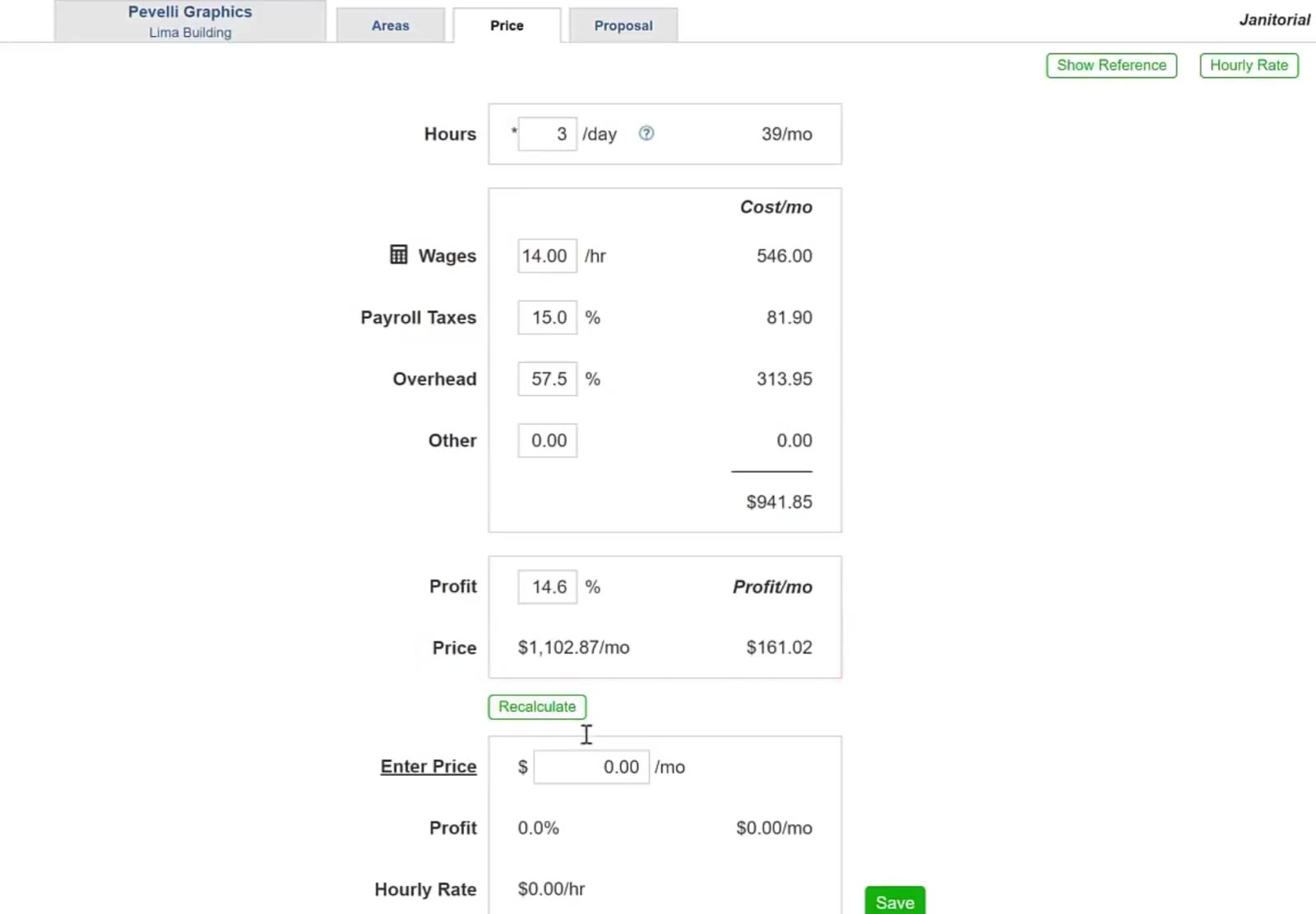 Recalculate updates the cost total and the recommended price.