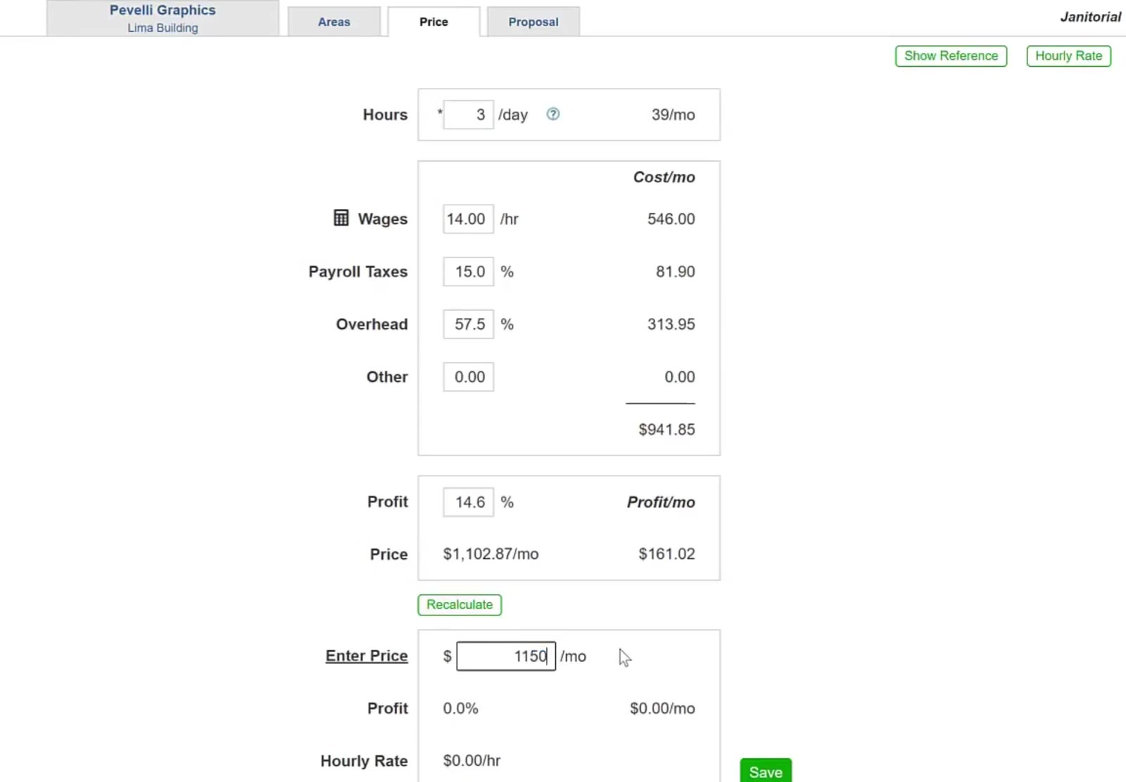 Enter Price is separate from the recommended figure, and the profit line below stays at zero until you save.